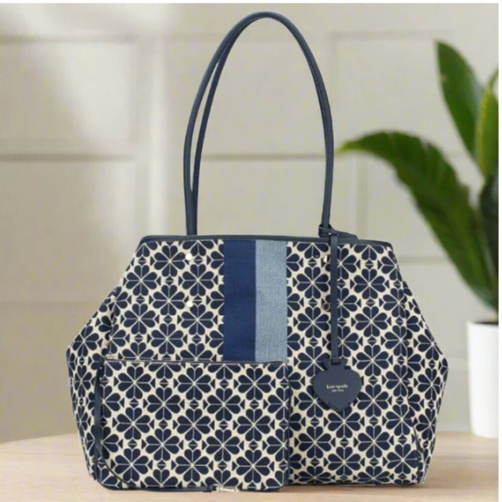 Kate Spade Everything Tote Large Flower Jacquard Stripe Blue Wristlet Adjustable